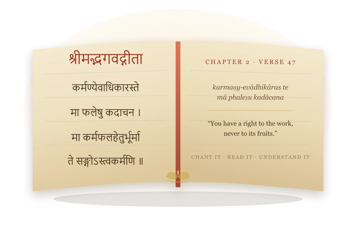 An open manuscript showing Bhagavad Gita chapter 2 verse 47 in Devanagari with its transliteration and meaning