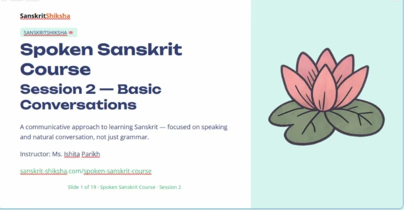 A Spoken Sanskrit course slide from a live session, Session 2, Basic Conversations